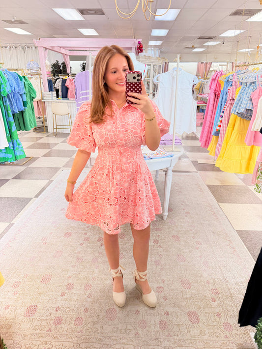 By the Bay Eyelet Puff Sleeve Mini Dress (Pink)