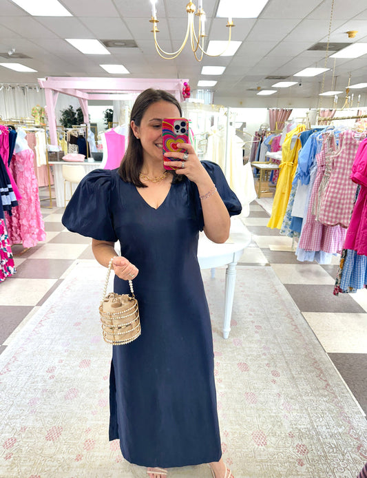 Caroline Navy Puff Sleeve Maxi Dress