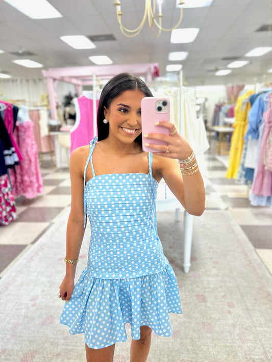 Celia Polka Dot Mini Dress (Baby Blue)