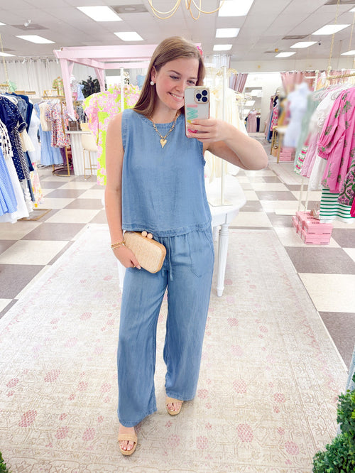 Chambray Sleeveless Button Back Top
