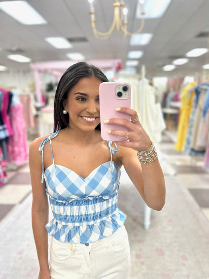 Checkered Tie Strap Crop Top (Blue)