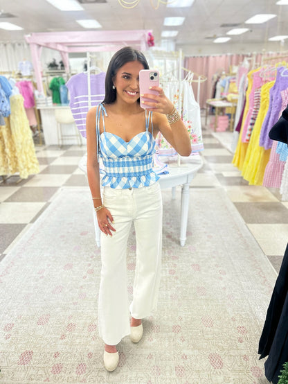 Checkered Tie Strap Crop Top (Blue)