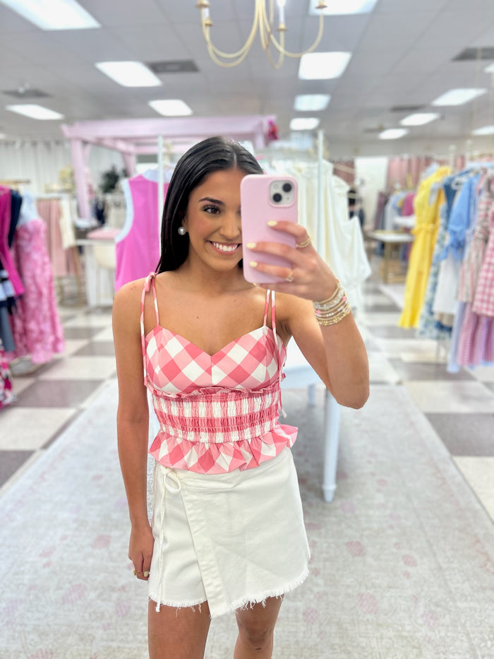 Checkered Tie Strap Crop Top (Pink)