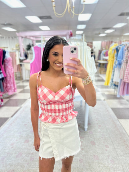 Checkered Tie Strap Crop Top (Pink)
