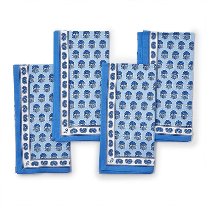 Set of four 20-inch cotton cloth napkins featuring a blue and white Chinoiserie block print floral and paisley design.