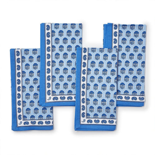Set of four 20-inch cotton cloth napkins featuring a blue and white Chinoiserie block print floral and paisley design.
