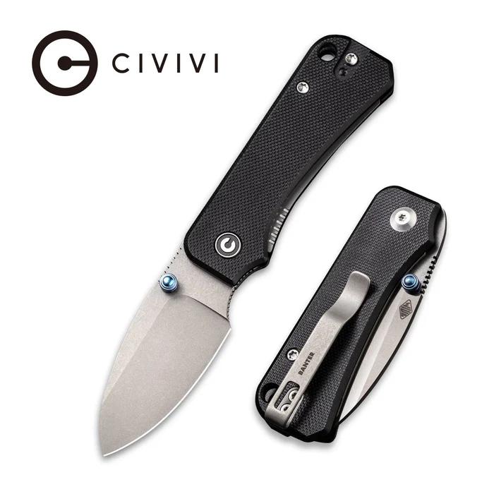CIVIVI Baby Banter folding knife with black textured handle, Nitro-V steel blade, and stainless steel pocket clip.