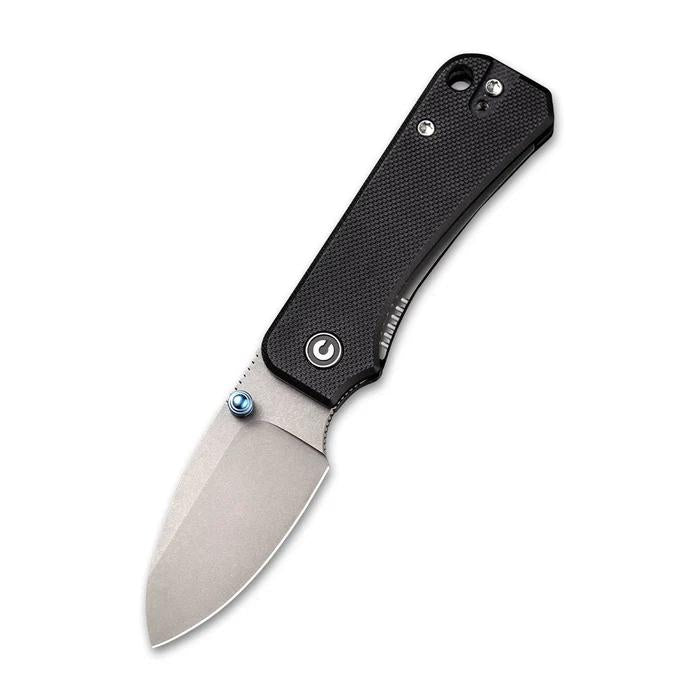 CIVIVI Baby Banter folding knife with a black textured handle, Nitro-V steel blade, and blue titanium thumb stud.
