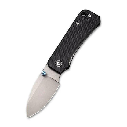 CIVIVI Baby Banter folding knife with a black textured handle, Nitro-V steel blade, and blue titanium thumb stud.
