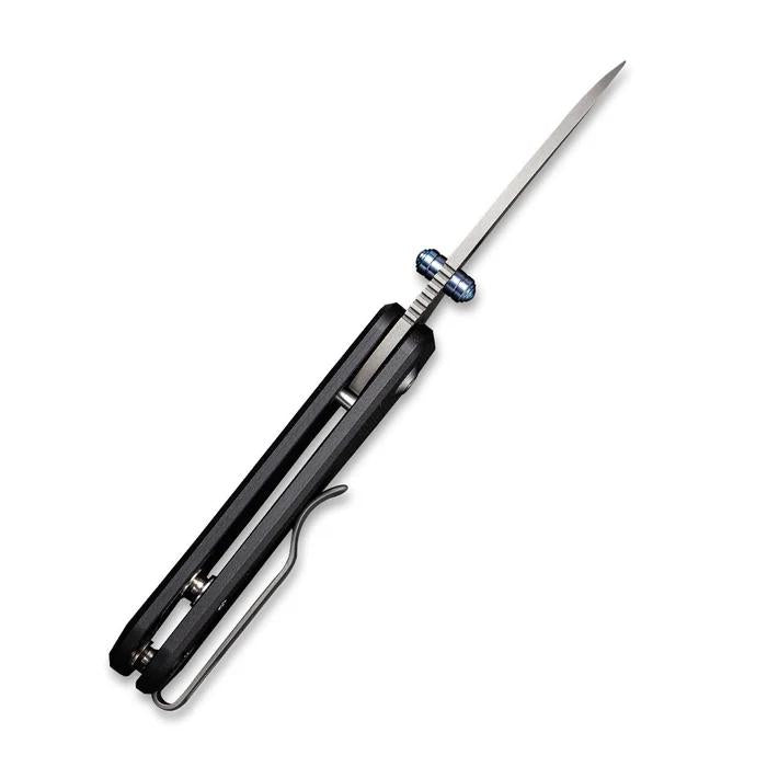 CIVIVI Baby Banter folding knife with black handle, Nitro-V steel blade, and blue titanium thumb stud.