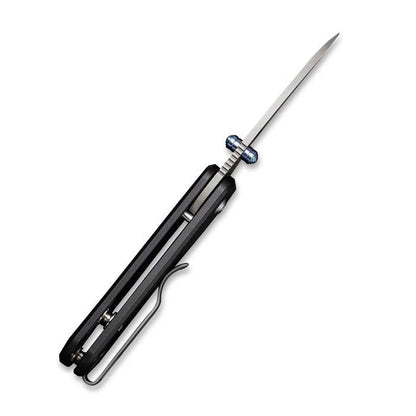 CIVIVI Baby Banter folding knife with black handle, Nitro-V steel blade, and blue titanium thumb stud.