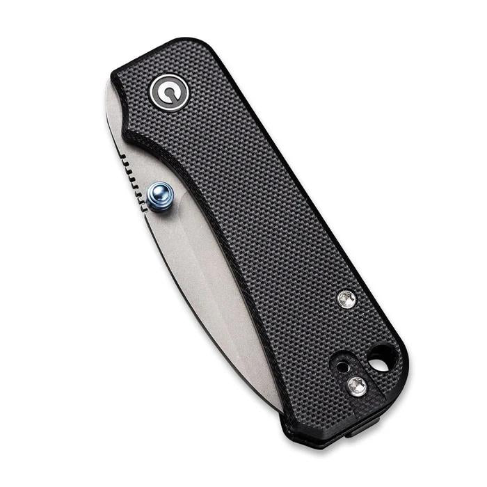 CIVIVI Baby Banter folding knife with a black textured handle, Nitro-V steel blade, and blue titanium thumb stud.