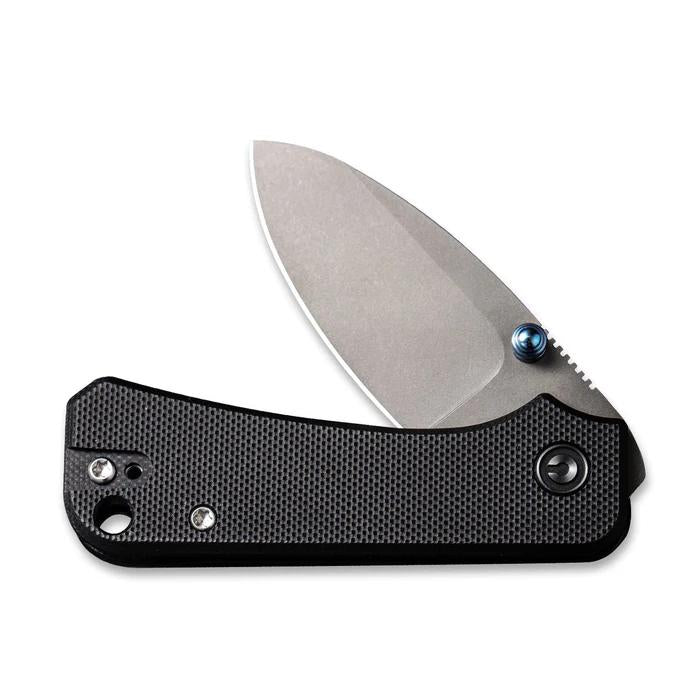 CIVIVI Baby Banter folding knife with a black textured handle, Nitro-V steel blade, and blue titanium thumb stud.