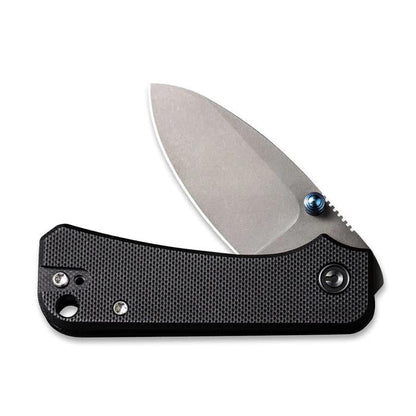 CIVIVI Baby Banter folding knife with a black textured handle, Nitro-V steel blade, and blue titanium thumb stud.