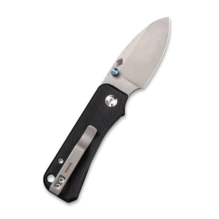 CIVIVI Baby Banter folding knife with a black textured handle, Nitro-V steel blade, and blue titanium thumb stud.