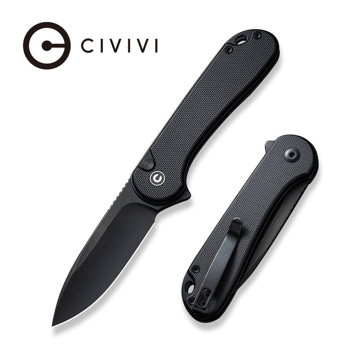 CIVIVI Elementum button lock folding knife with black G10 handle and drop point Nitro-V blade.