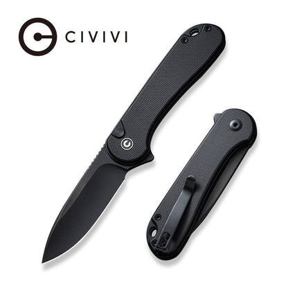 CIVIVI Elementum button lock folding knife with black G10 handle and drop point Nitro-V blade.