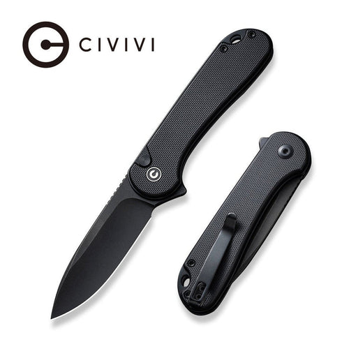CIVIVI Elementum button lock folding knife with black G10 handle and drop point Nitro-V blade.