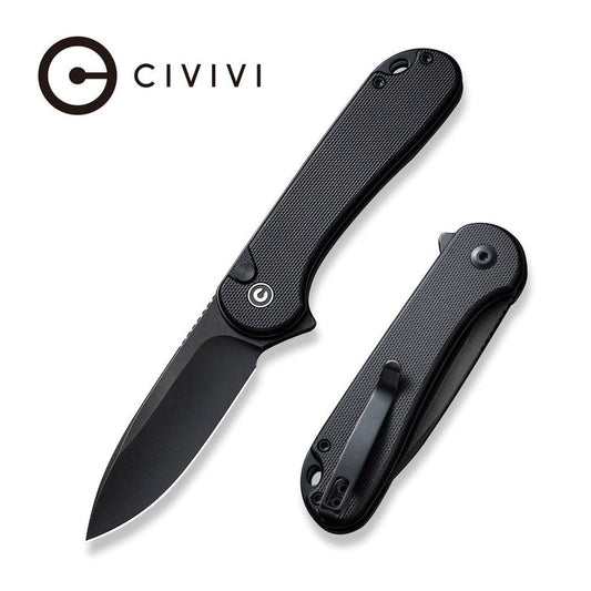 CIVIVI Elementum button lock folding knife with black G10 handle and drop point Nitro-V blade.