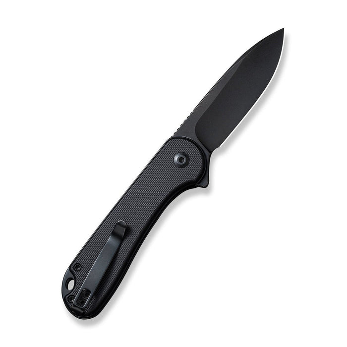 CIVIVI Elementum button lock folding knife with a black drop point Nitro-V blade and textured black G10 handle.