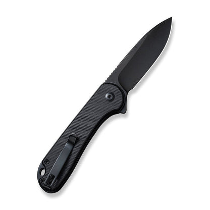 CIVIVI Elementum button lock folding knife with a black drop point Nitro-V blade and textured black G10 handle.