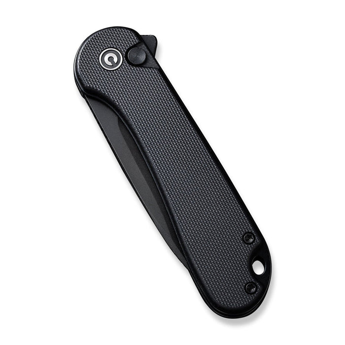 CIVIVI Elementum button lock folding knife with a black G10 handle and drop point Nitro-V steel blade in a closed position.