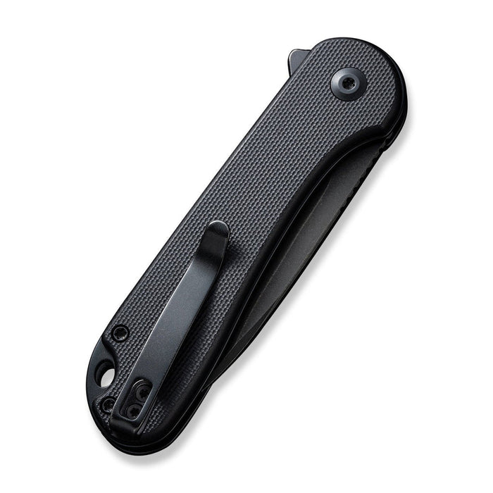 CIVIVI Elementum button lock folding knife with a black G10 handle and stainless steel pocket clip.