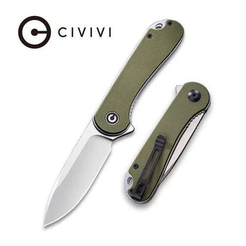 CIVIVI Elementum flipper knife with olive green G10 handle, D2 steel blade, and stainless steel pocket clip.