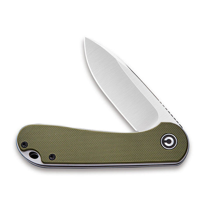 CIVIVI Elementum flipper knife with a satin D2 steel blade and textured olive green G10 handle scales.