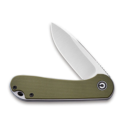 CIVIVI Elementum flipper knife with a satin D2 steel blade and textured olive green G10 handle scales.