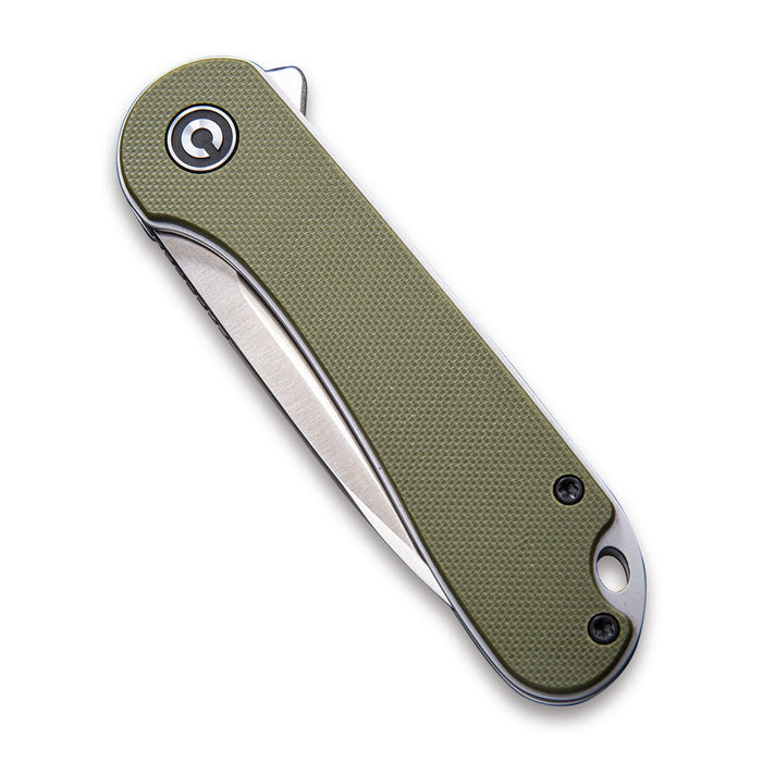 CIVIVI Elementum flipper knife with olive green G10 handle scales and a closed stainless steel blade.