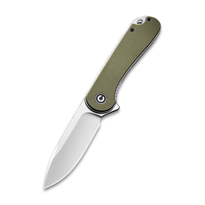 CIVIVI Elementum flipper knife with an olive green G10 handle and a satin-finished D2 steel drop point blade.