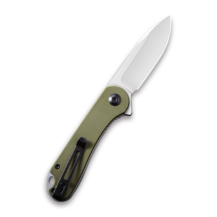 CIVIVI Elementum flipper knife with an olive green G10 handle, satin D2 steel blade, and black stainless steel pocket clip.