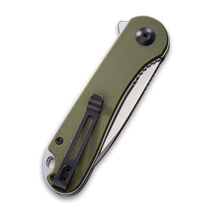 CIVIVI Elementum folding knife with olive green G10 handle, black pocket clip, and closed D2 steel blade.