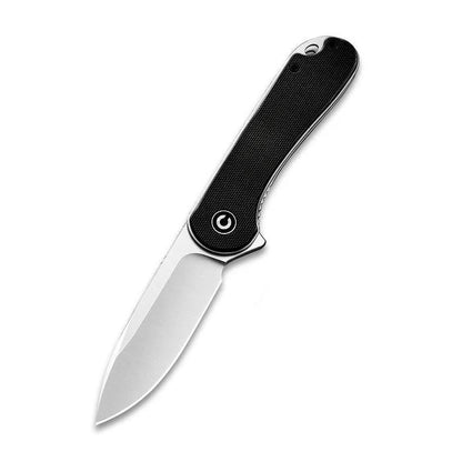 CIVIVI Elementum flipper knife with a satin D2 steel blade and textured black G10 handle scales.