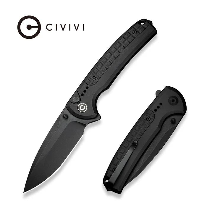 CIVIVI Sentinel Strike II button lock knife with a black Nitro-V drop point blade and textured aluminum handle.