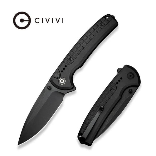 CIVIVI Sentinel Strike II button lock knife with a black Nitro-V drop point blade and textured aluminum handle.