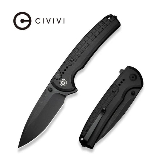 CIVIVI Sentinel Strike II button lock knife with a black Nitro-V drop point blade and textured aluminum handle.