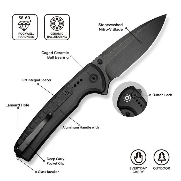 CIVIVI Sentinel Strike II black aluminum button lock knife with Nitro-V drop point blade and glass breaker tip.