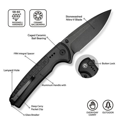 CIVIVI Sentinel Strike II black aluminum button lock knife with Nitro-V drop point blade and glass breaker tip.