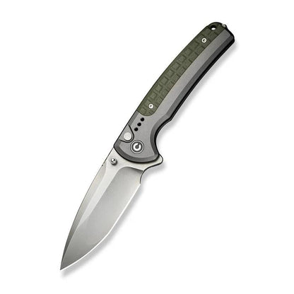 CIVIVI Sentinel Strike II folding knife with a Nitro-V drop point blade, olive green aluminum handle, and button lock mechanism.
