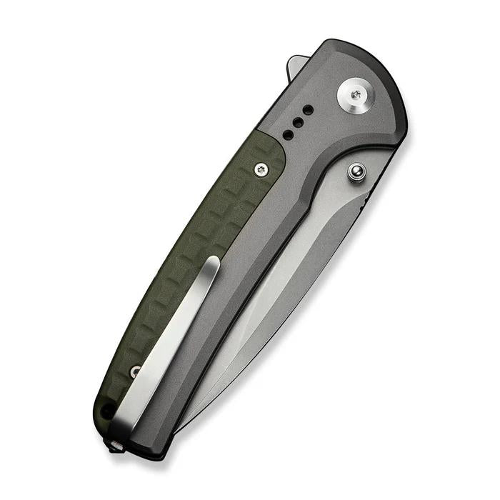 CIVIVI Sentinel Strike II folding knife with olive green aluminum handle, stainless steel pocket clip, and button lock.