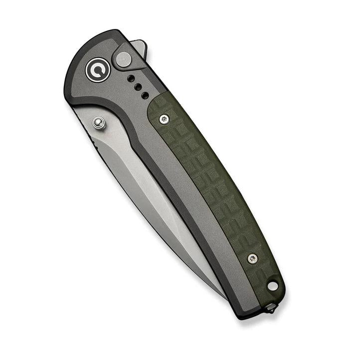 CIVIVI Sentinel Strike II folding knife with olive green aluminum handle, button lock, and satin drop point blade.
