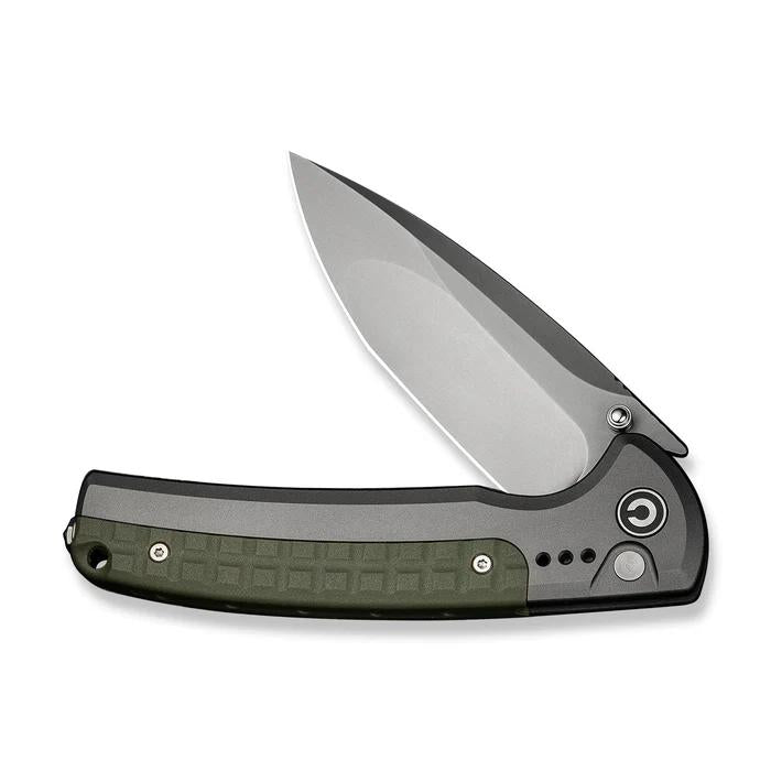 CIVIVI Sentinel Strike II button lock knife with a drop point Nitro-V blade and olive green aluminum handle.