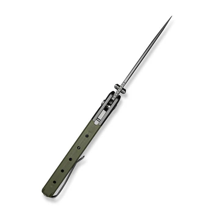 CIVIVI Sentinel Strike II folding knife with olive green aluminum handle, button lock, and extended drop point blade.