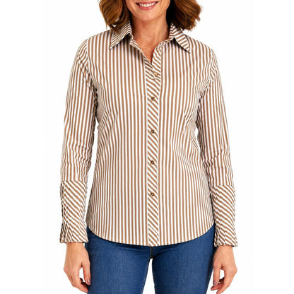 CK Bradley Brooks button-down shirt in a taupe and white vertical stripe pattern with long sleeves and a classic collar.