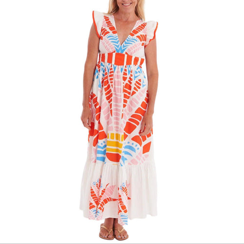 CK Bradley Henning cotton midi dress with flutter sleeves, v-neckline, and a colorful orange, blue, and pink abstract print.