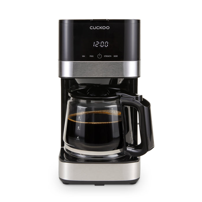 Cuckoo Classic Drip Coffee Maker featuring a digital display, black and stainless steel finish, and a glass carafe of coffee. (CCM-BD011B)