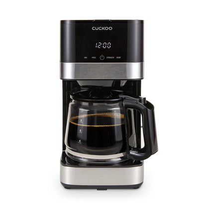 Cuckoo Classic Drip Coffee Maker featuring a digital display, black and stainless steel finish, and a glass carafe of coffee. (CCM-BD011B)
