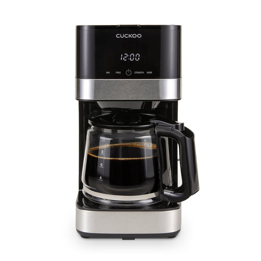 Cuckoo Classic Drip Coffee Maker featuring a digital display, black and stainless steel finish, and a glass carafe of coffee. (CCM-BD011B)